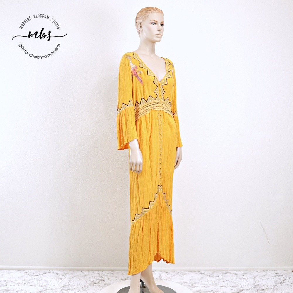 ASOS Bohemian Chic Floral Embroidery Bell Sleeves Maxi Dress Yellow Women 14